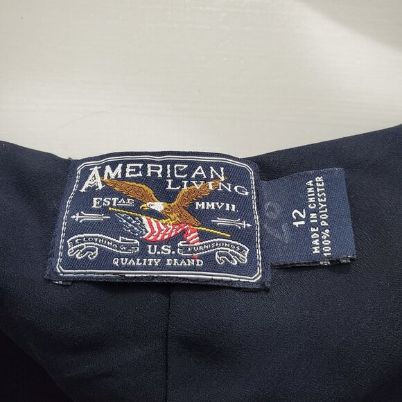 American Living Women's Navy White Pinstripe Ruffle Front Flutter Midi Dress 12 - Picture 4 of 5